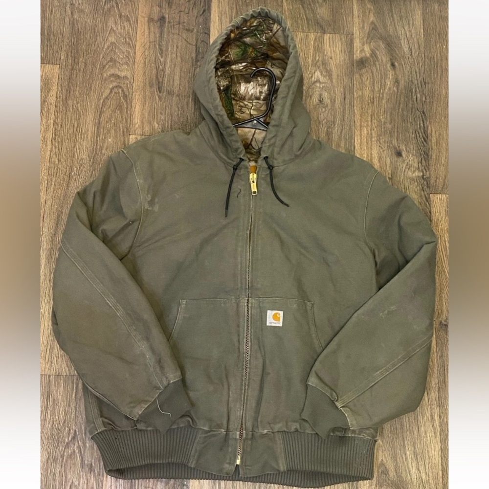 Mens Carhartt Realtree collab camo lining green Hooded Zip Workwear Jacket Sz L